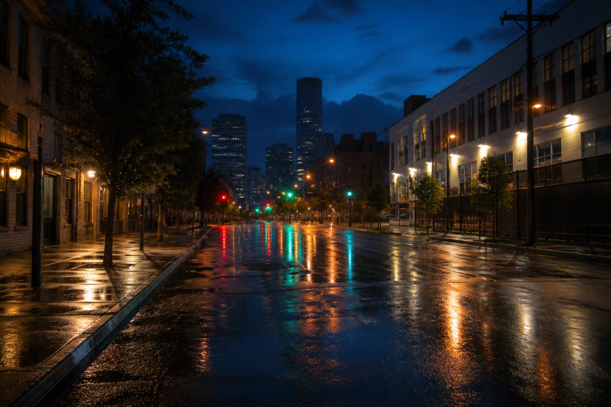 City street after rain at dusk