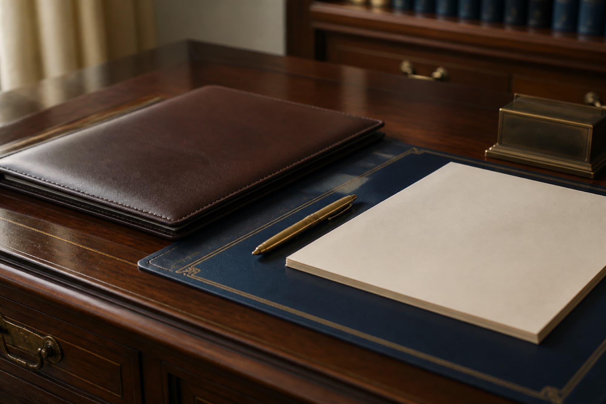 Walnut desk with legal papers
